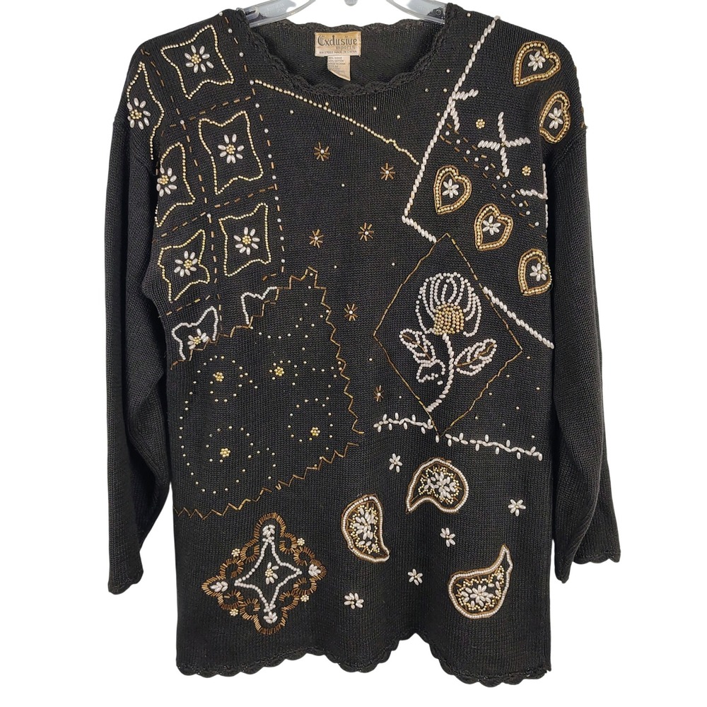 Womens SZ M Exclusive Imports Beaded Sweater Black Ramie Cotton Grannycore Boho